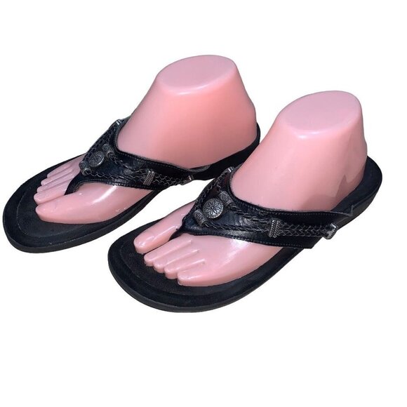 Minnetonka Women's Silverthorne Thong Sandals Size 9 Black Leather Southwestern - Picture 3 of 7